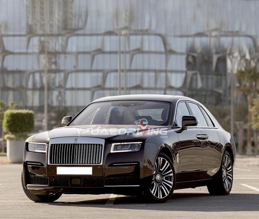 Front view image of a purple Rolls Royce Ghost car boasting a captivating blend of elegance and power. 